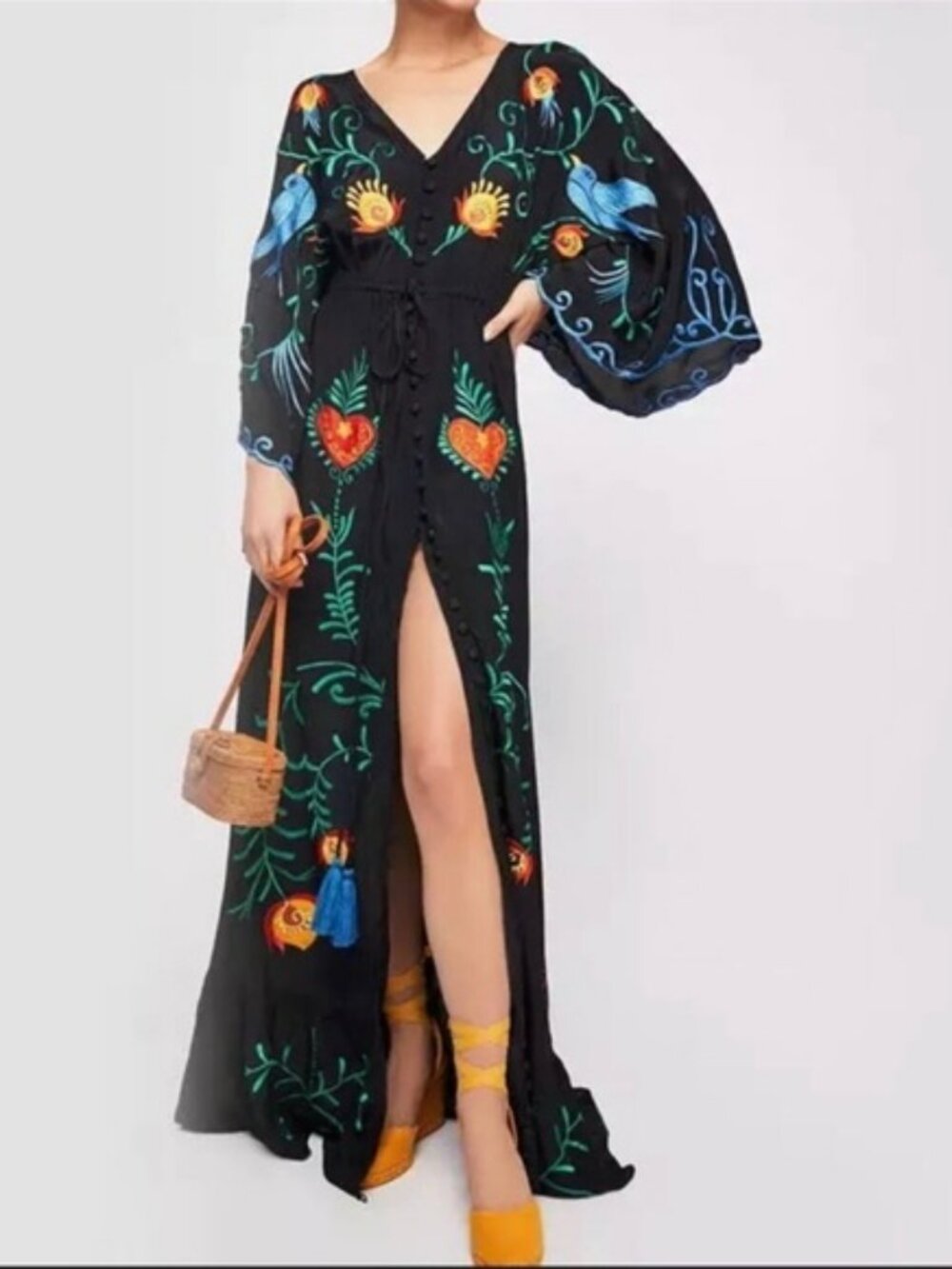 Bohemian Embroidered Black Hearts Magic Long Maxi Gown In Black 5 Star ⭐️ Fav